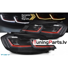 VW Golf 7 (17-19) priekšējie lukturi LED DRL, dinamiskie pagriezieni, melni, sarkanas līnijas