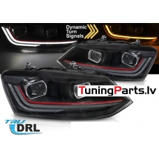 VW Polo 6R (09-17) priekšējie LED DRL lukturi, dinamiskie pagriezieni, melni, sarkana līnija