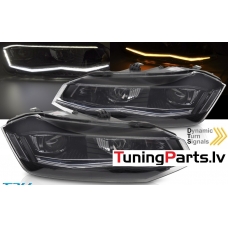 VW Polo VI 2G (17-21) priekšējie LED DRL lukturi, dinamiskie pagriezieni, gaismas sveiciena funkcija, melni VW Polo VI 2G (17-21) priekšējie LED DRL lukturi, dinamiskie pagriezieni, gaismas sveiciena funkcija, melni