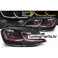 VW Golf 7 (13-17) priekšējie lukturi LED DRL, dinamiskie pagriezieni, melni, sarkanas līnijas