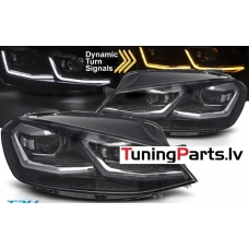 VW Golf 7 (17-19) priekšējie lukturi LED DRL, dinamiskie pagriezieni, melni, sudraba līnijas