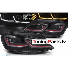 VW Golf 7 (17-19) priekšējie lukturi LED DRL, dinamiskie pagriezieni, melni, sarkanas līnijas