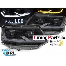 VW T5 (10-15) priekšējie FULL LED DRL lukturi, dinamiskie pagriezieni, gaismas sveiciena funkcija, melni