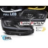 VW T6 (15-19) priekšējie FULL LED DRL lukturi, dinamiskie pagriezieni, gaismas sveiciena funkcija, melni, hromētas līnijas