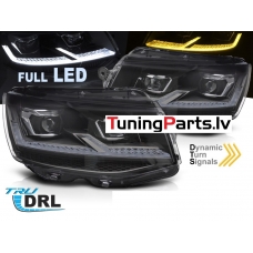 VW T6 (15-19) priekšējie FULL LED DRL lukturi, dinamiskie pagriezieni, gaismas sveiciena funkcija, melni, hromētas līnijas