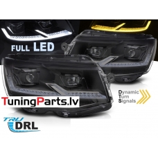 VW T6 (15-19) priekšējie FULL LED DRL lukturi, dinamiskie pagriezieni, gaismas sveiciena funkcija, melni